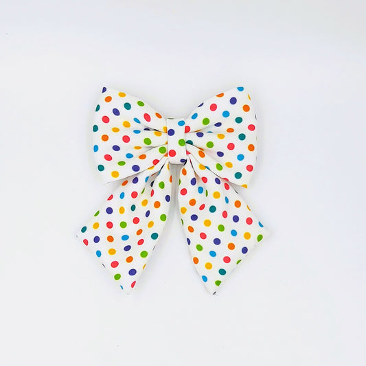 Pigtail Bow - White with Multicolor Polka Dots